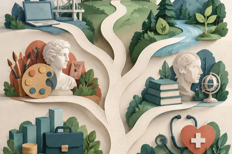 An open book with paths branching into engineering, nature, art, thought, business and health